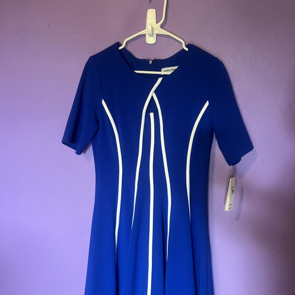 Shelby & Palmer Vibrant Blue/ Off White Midi Dress with White Trim